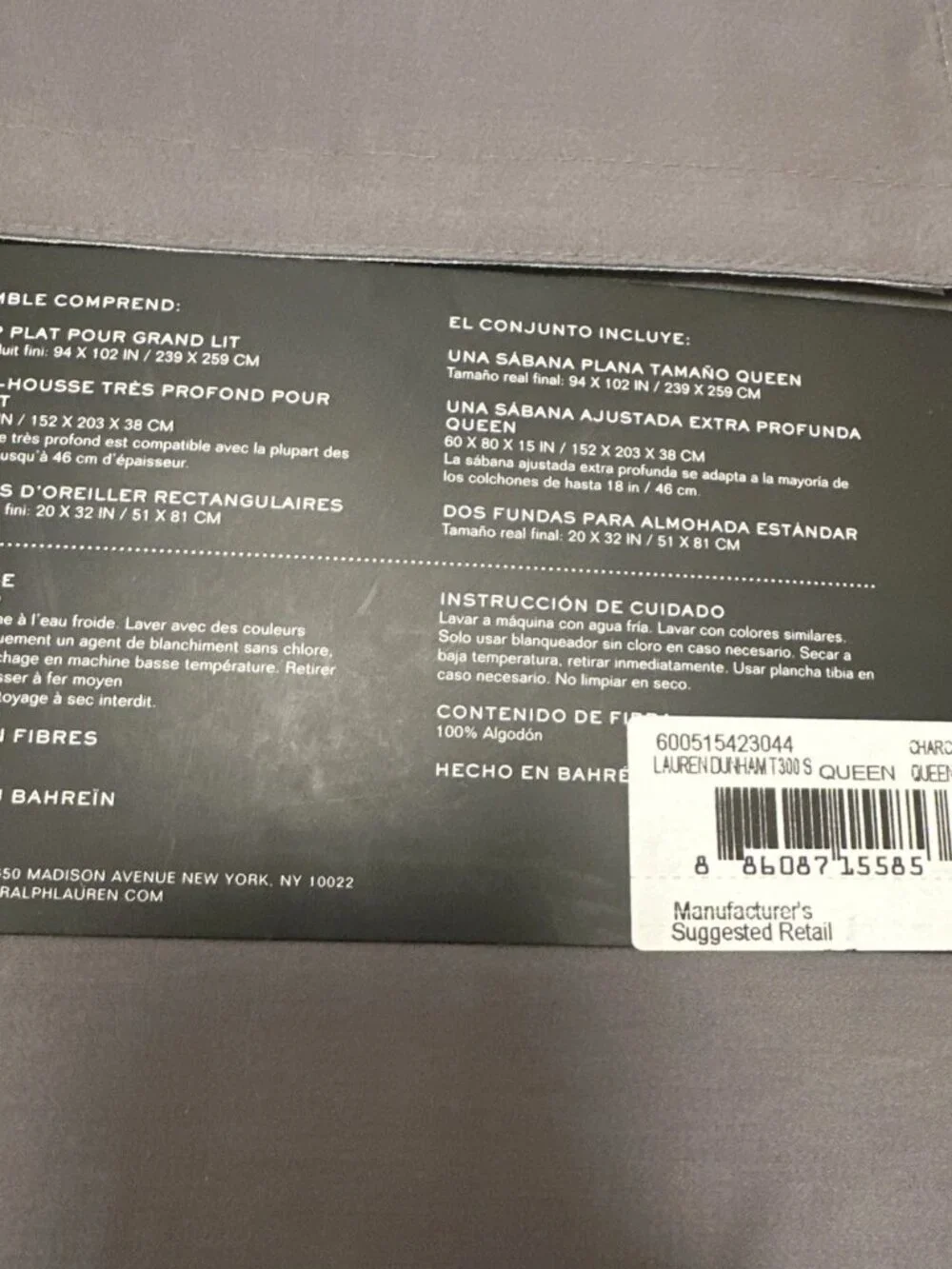 RALPH LAUREN 4PC Queen 100% Cotton Sheet Set Dunham Sateen Charcoal ECO PACKAGE